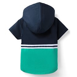 Babyhug Cotton Woven Half Sleeves Hooded Shirt with Cut & Sew Print - Navy Blue & Sea Green