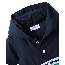 Babyhug Cotton Woven Half Sleeves Hooded Shirt with Cut & Sew Print - Navy Blue & Sea Green