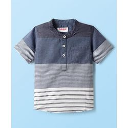 Babyhug Cotton Woven Half Sleeves Mandarin Collar Kurta Stripe Shirt - Navy Blue