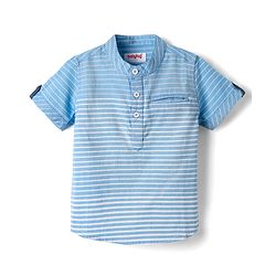 Babyhug Cotton Woven Half Sleeves Mandarin Collar Striped Kurta Style Shirt - Light Blue