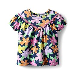 Babyhug 100% Cotton Knit Half Sleeves Top with Floral Print & Lace Detailing - Navy Blue