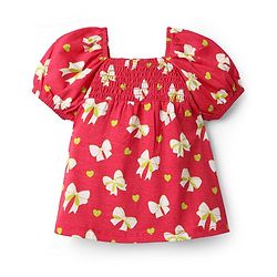 Babyhug 100 % Cotton Knit Puffed Sleeves Top with Smock Detailing & Bow Heart Print - Red