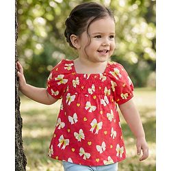 Babyhug 100 % Cotton Knit Puffed Sleeves Top with Smock Detailing & Bow Heart Print - Red