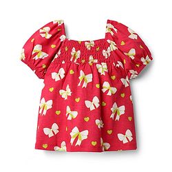 Babyhug 100 % Cotton Knit Puffed Sleeves Top with Smock Detailing & Bow Heart Print - Red