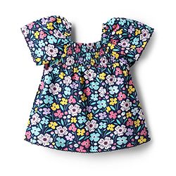Babyhug 100 % Cotton Knit Puffed Sleeves Top with Smock Detailing & Floral Print - Navy Blue