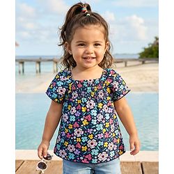 Babyhug 100 % Cotton Knit Puffed Sleeves Top with Smock Detailing & Floral Print - Navy Blue