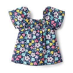 Babyhug 100 % Cotton Knit Puffed Sleeves Top with Smock Detailing & Floral Print - Navy Blue