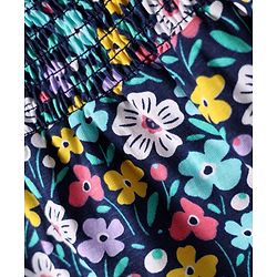 Babyhug 100 % Cotton Knit Puffed Sleeves Top with Smock Detailing & Floral Print - Navy Blue