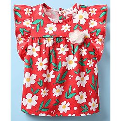 Babyhug 100% Cotton Knit Frill Sleeves Floral Printed Top - Red