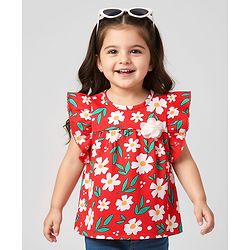 Babyhug 100% Cotton Knit Frill Sleeves Floral Printed Top - Red