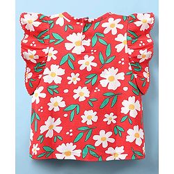 Babyhug 100% Cotton Knit Frill Sleeves Floral Printed Top - Red