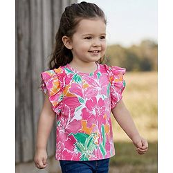 Babyhug Cotton Knit  Frill Sleeves Top with Print - Pink