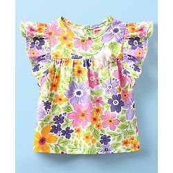 Babyhug 100% Cotton Knit Frill Sleeves Floral Printed Top - White