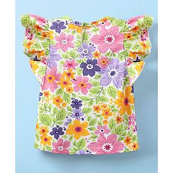 Babyhug 100% Cotton Knit Frill Sleeves Floral Printed Top - White