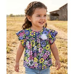 Babyhug 100 % Cotton Knit Frill Sleeves Top with Floral Print - Navy Blue
