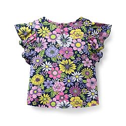 Babyhug 100 % Cotton Knit Frill Sleeves Top with Floral Print - Navy Blue