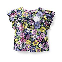 Babyhug 100 % Cotton Knit Frill Sleeves Top with Floral Print - Navy Blue