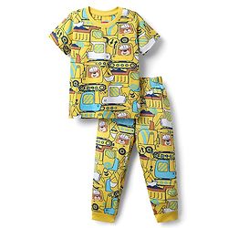 Babyhug Cotton Knit Half Sleeves Co-Ords Nightsuit With Vehicles Print - Yellow