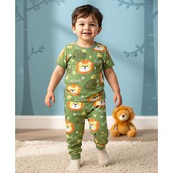 Babyhug Cotton Knit Half Sleeves Co-Ords Nightsuit With Animal Print - Green