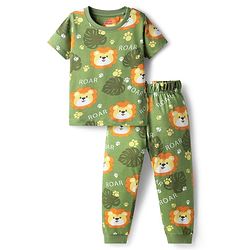 Babyhug Cotton Knit Half Sleeves Co-Ords Nightsuit With Animal Print - Green
