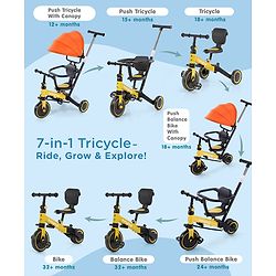 Babyhug 7 in 1 Baby Cycle Tricycle with Adjustable Parent Handle - Yellow