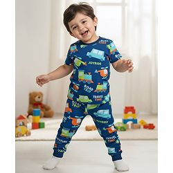 Babyhug Cotton Knit Half Sleeves Co-Ords Nightsuit With Helicopter Print - Navy Blue