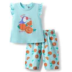 Babyhug Cotton Knit Frill Sleeves Capri Night Suit With Parrot & Orange Print - Light Blue