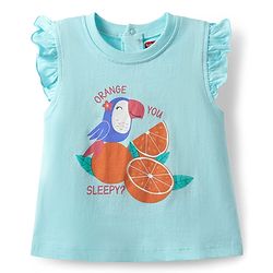 Babyhug Cotton Knit Frill Sleeves Capri Night Suit With Parrot & Orange Print - Light Blue