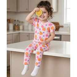 Babyhug Cotton Knit Half Sleeves Co-ords Night Suit With Floral Print - Pink