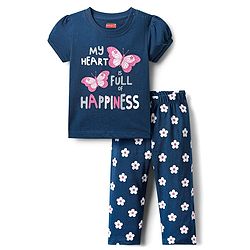 Babyhug Cotton Knit Half Sleeves Night Suit With Floral & Butterfly Print - Navy Blue