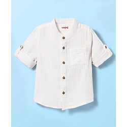 Babyhug 100% Cotton Full Sleeves Solid Coloured Mandarin Collar Shirt - White