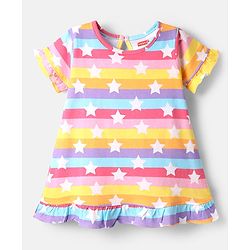 Babyhug Cotton Knit Half Sleeves Striped Nighty With Star Print - Multicolor
