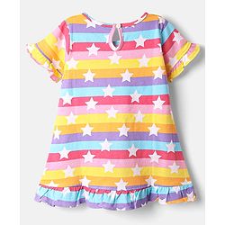 Babyhug Cotton Knit Half Sleeves Striped Nighty With Star Print - Multicolor