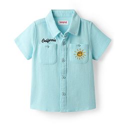Babyhug Cotton Woven Half Sleeve Solid Color Shirt with Embroidery - Light Blue