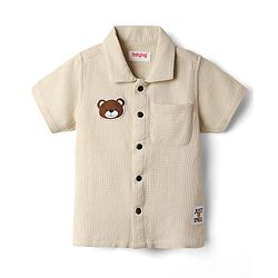 Babyhug Cotton Waffle Woven Half Sleeves Resort Collar Solid Shirt With Teddy Bear Patch - Cream
