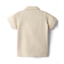 Babyhug Cotton Waffle Woven Half Sleeves Resort Collar Solid Shirt With Teddy Bear Patch - Cream