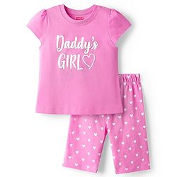 Babyhug Cotton Knit Cap Sleeves Capri Night Suit With Heart Print - Pink