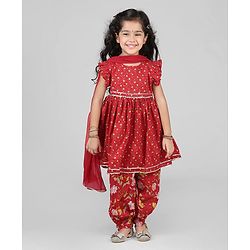 Babyhug Woven Frill Sleeves Rayon Printed Kurti Churidar & Dupatta Set - Red