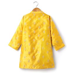 Babyhug Woven Manderin Collar Full Sleeves Kurta Dhoti Set With Floral Embroidered - Yellow