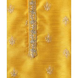 Babyhug Woven Manderin Collar Full Sleeves Kurta Dhoti Set With Floral Embroidered - Yellow