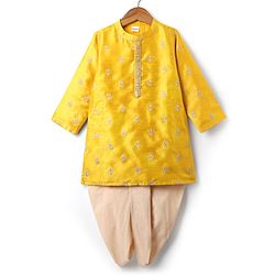 Babyhug Woven Manderin Collar Full Sleeves Kurta Dhoti Set With Floral Embroidered - Yellow