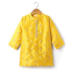 Babyhug Woven Manderin Collar Full Sleeves Kurta Dhoti Set With Floral Embroidered - Yellow