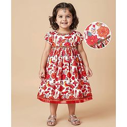 Babyhug Cotton Woven Half Sleeves Ethnic Dress With Floral Print - White