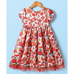 Babyhug Cotton Woven Half Sleeves Ethnic Dress With Floral Print - White