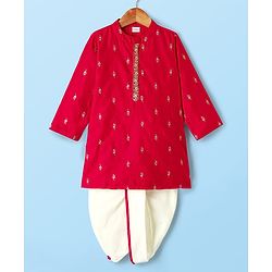Babyhug Woven Full Sleeves Kurta Dhoti Set With Floral Embroidery - Red