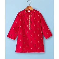 Babyhug Woven Full Sleeves Kurta Dhoti Set With Floral Embroidery - Red