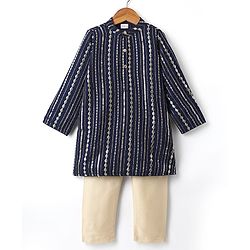 Babyhug Woven Mandarin Collar Full Sleeves Kurta Pyjama Set With Sequin Detailing - Navy Blue