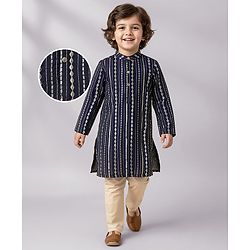 Babyhug Woven Mandarin Collar Full Sleeves Kurta Pyjama Set With Sequin Detailing - Navy Blue