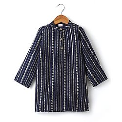 Babyhug Woven Mandarin Collar Full Sleeves Kurta Pyjama Set With Sequin Detailing - Navy Blue