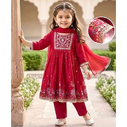 Babyhug Woven Three Fourth Sleeves Floral Embriodered Kurti Salwar & Dupatta Set - Red